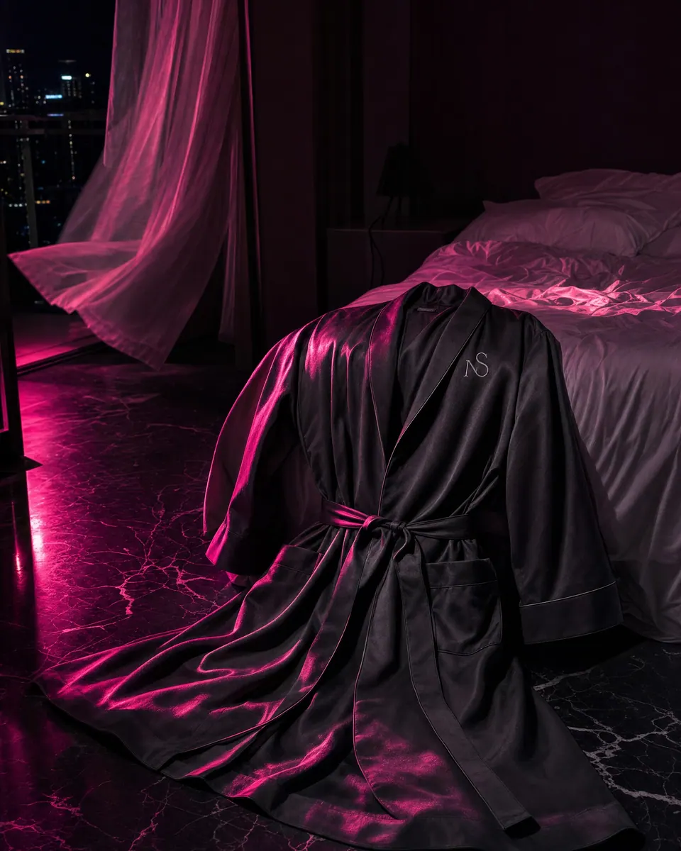 graphite satin robe left at the end of a hotel bed