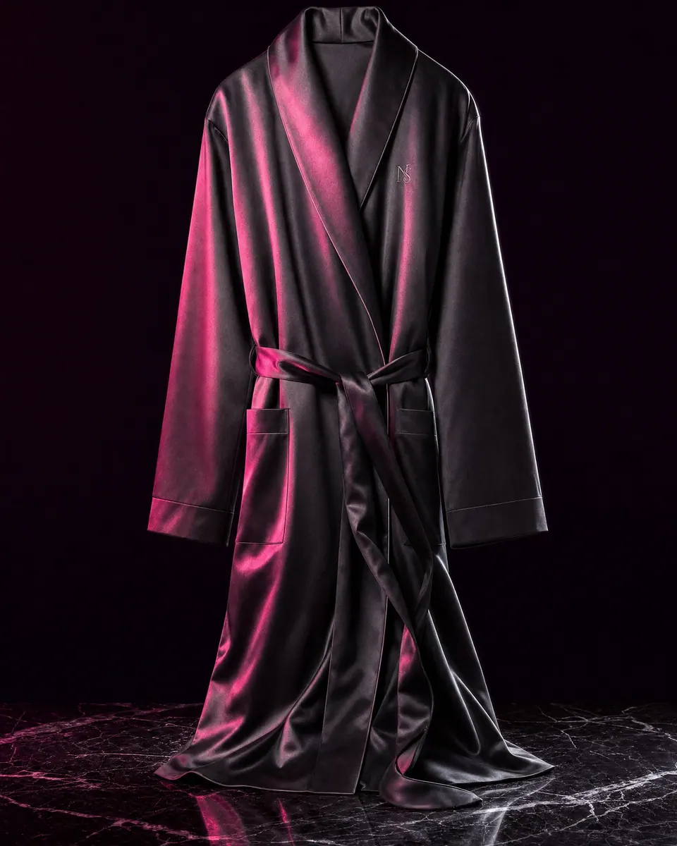 graphite satin robe draped across midnight marble