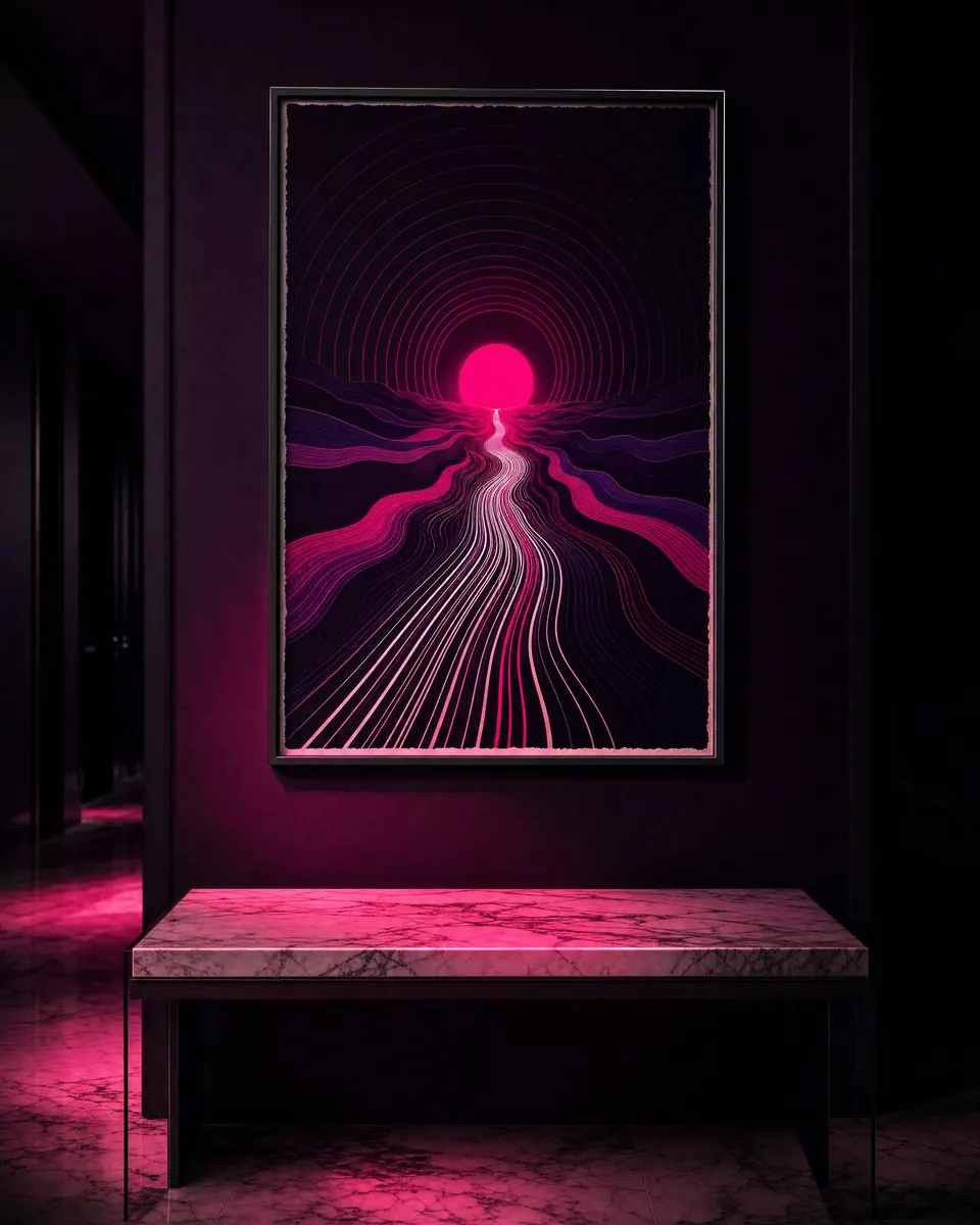 sunset poster propped in a hotel room at night