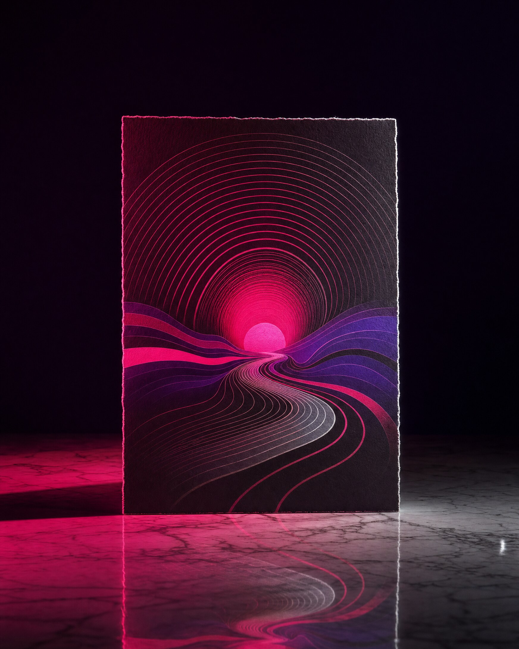 line-flow sunset poster resting on dark marble