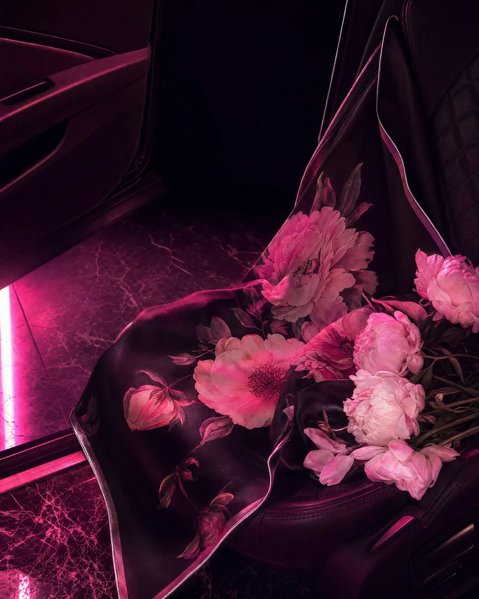 flowers and a silk scarf left on a passenger seat at night