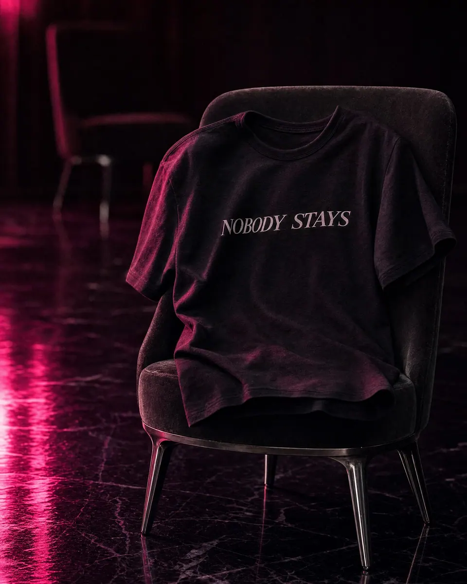coffee baby tee left across a hotel chair at night